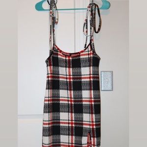 Plaid Tie Shoulders Overall Dress